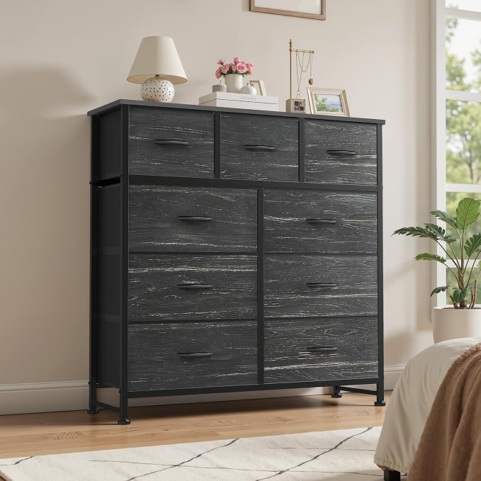 OLIXIS 9 Drawer Tall Dresser for Bedroom, Closet Organizers and Storage | Fabric Dresser with Wooden Top, Chest of Drawers for Clothes Storage, Tower Cabinet, Furniture, TV Stand, Black Wood Grain