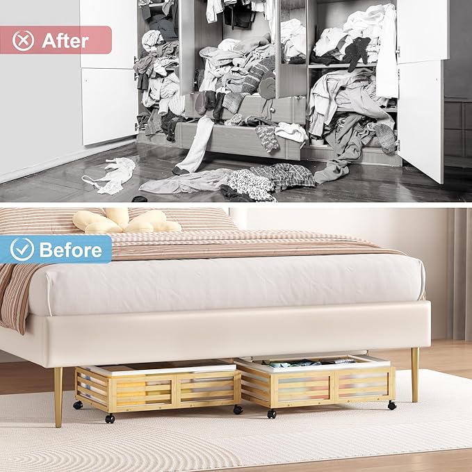 Under Bed Storage with Wheels, 2 Pack Bamboo Drawers for Shoes and Clothes | Fitted dustproof bags, stackable design, smooth pullout access for bedding, blankets, toys and seasonal essentials
