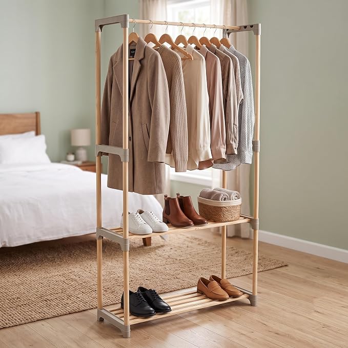 Honey-Can-Do Wood Garment Rack with 2 Shelves, Freestanding, Natural | Natural wood clothing rack with rod + 2 slatted shelves. Tool-free setup for bedroom, entryway & laundry. Holds up to 55 lb.