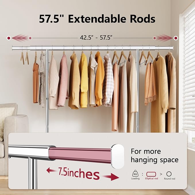 Clothes Rack with 2 Shelves, Heavy Duty Load 350 LBS, Chrome | Rolling Clothing Rack, Adjustable Length and Height, Garment Rack with Wheels for Bedroom, Student Dormitory and Laundry Room