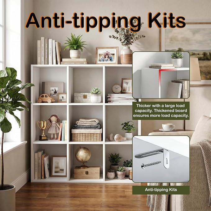 WannabeMyself【Sturdy Build&Easy Assembly】 9 Cube Storage Organizer with Anti-Tipping Kits,Reversible Open Back Book Shelf, Bookcase for Living Room,Bedroom,Entrance Hall,Office,35.8×11.4×35.9,White