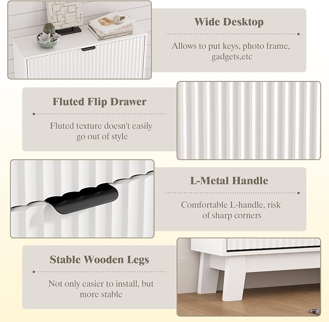 HUANLEGO Shoe Cabinet Storage for Entryway with 2 Flip Drawers, Fluted Narrow Shoe Organizer with Wooden Legs, Freestanding Slim Shoe Storage Hidden Shoe Rack Organizer for Front Door Entrance, White