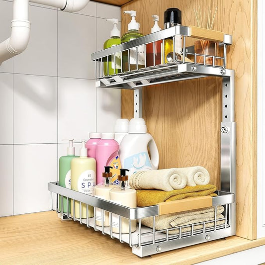 PXRACK Under Sink Organizer, Adjustable Height, 2 Tier Pull Out Cabinet Organizer, Slide Out Thickened Metal Storage for Kitchen Bathroom Laundry Pantry Cabinet, Stainless Steel, Silver, Large-1-Pack