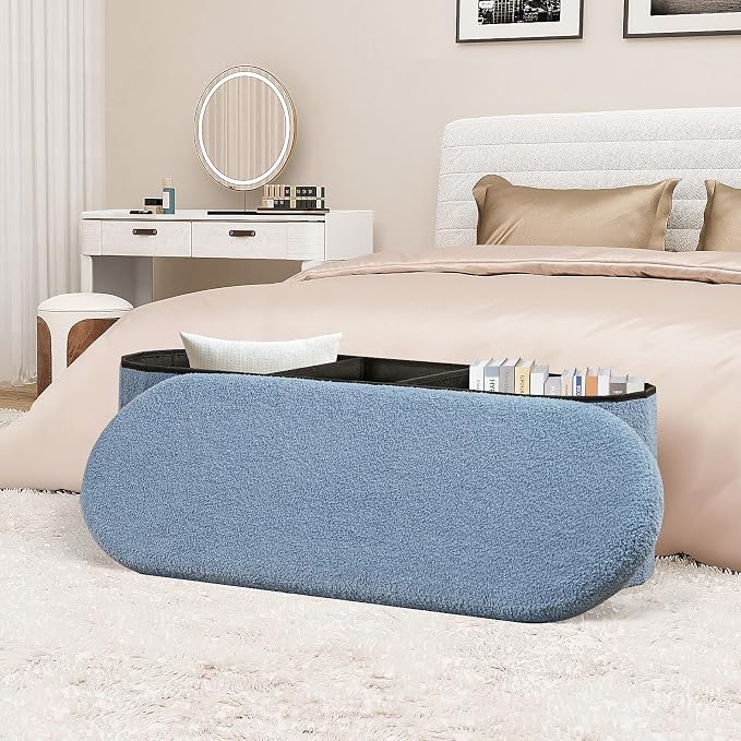 PINPLUS Storage Ottoman Bench Tufted Folding Ottomans Bench Foot Rest, Chest Box Velvet Bench with Storage 43"" x15 x15 (Blue)