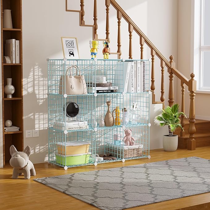 C&AHOME Wire Cube Storage, 9 - Cube Organizer Metal C Grids, Shelves, Blue | Modular Shelves Units, Closet Organizer, Storage Bins Shelving, Ideal for Home, Office, Living Room