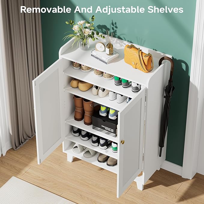 Flat-Shelf Shoe Cabinet with Doors，6-Tier Shoes Storage Cabinet with Adjustable Shelves，Wooden Shoe Rack Shoes Storage Organizer Cabinets for Entryway, Hallway, Living Room