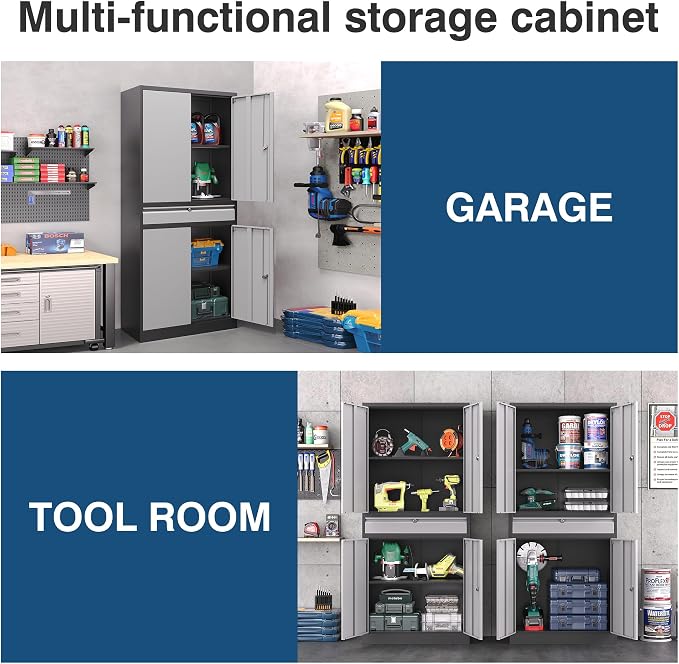 Metal Storage Cabinet with Lock, 71" Tall Garage Storage Cabinets with Doors and Shelves, Lockable Tool Cabinet for Home Office, Garage, Pantry