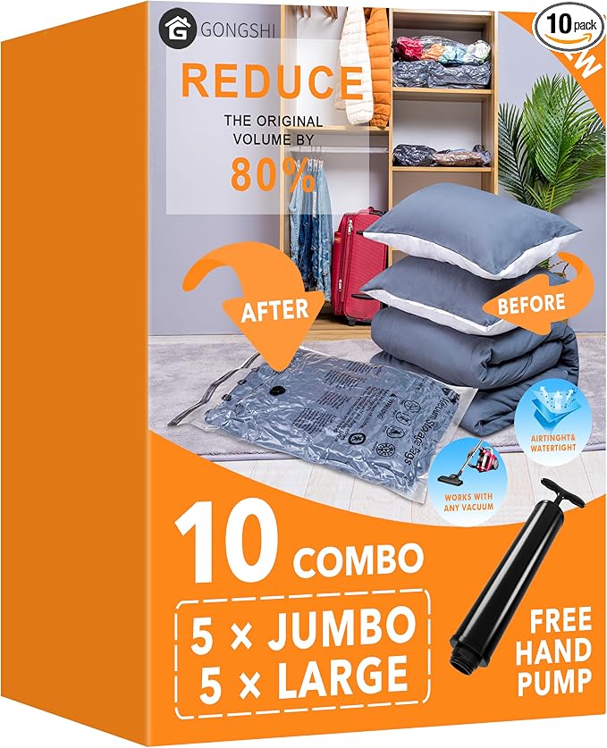 GONGSHI Vacuum Storage Bags, Space Saver Seal Bags For Clothing, Travel Luggage,Blankets, Comforters, Pillows, Clothes Storage.5 Jumbo 5 Large