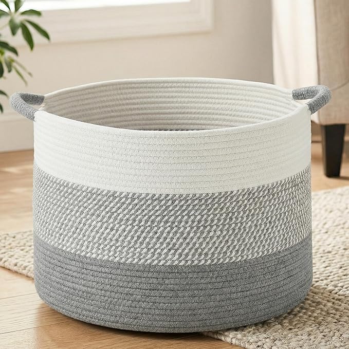 Artfeel 100L Large Cotton Rope Basket, Decorative Woven Blanket Storage for Living Room, Boho Toy Storage & Toy Box for Kids, Versatile Laundry Basket & Nursery Hamper for Blankets(Grey)