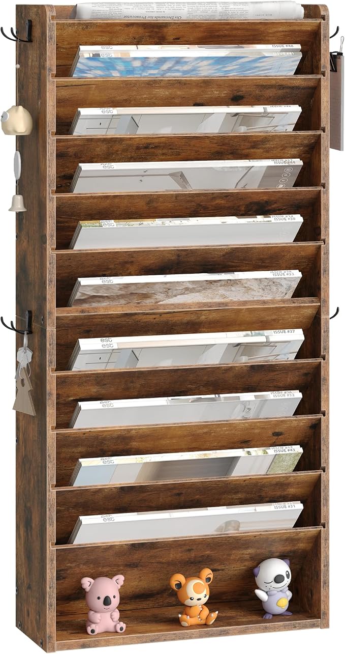 CHOEZON Wall File Organizer, 10-Tier Hanging Mail Organizer, Wall Mount File Holder with 4 Side Hooks, Mail and Storage Organizer, Wooden Vertical Hanging Holder for Office, Rustic Brown MWJ03FG