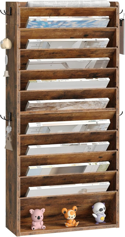 CHOEZON Wall File Organizer, 10-Tier Hanging Mail Organizer, Wall Mount File Holder with 4 Side Hooks, Mail and Storage Organizer, Wooden Vertical Hanging Holder for Office, Rustic Brown MWJ03FG