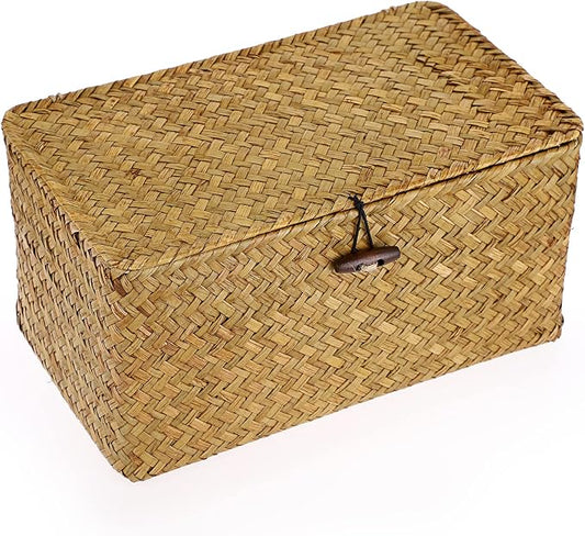 Hipiwe Wicker Shelf Baskets Bin Handwoven Seagrass Storage Basket with Lid | Rectangular Household Basket Boxes for Shelf Wardrobe Home Organizer, Caramel Medium