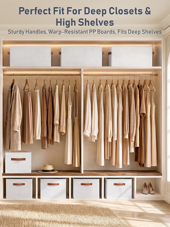 8 Pack Large Closet Storage Baskets Bins for Shelves, Collapsible Fabric Closet Organizers and Storage with Polyester Handles, Decorative Baskets for Organizing Clothes, Towels, Linen Closet 14"x10"