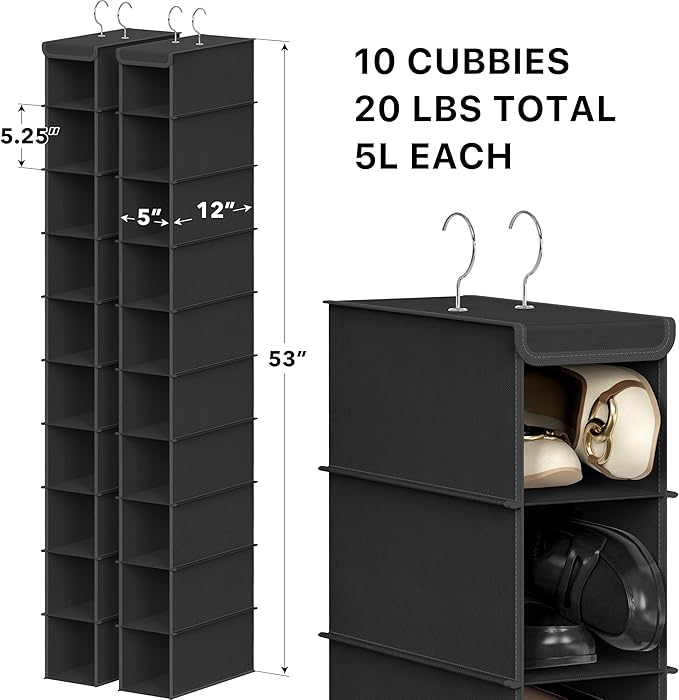 Simple Houseware 2 Pack 10 Shelves Hanging Shoe Organizer, Black | Dual Metal Hooks, Holds Up to 20 lbs, for Narrow Space