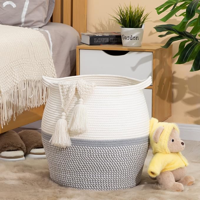 KAKAMAY Woven Baskets for Storage(17"x17"),Large Cotton Rope Woven Baby Laundry Hamper,Collapsible Laundry Basket, Blanket Basket for Organizing Living Room,Nursery,Pillows,Toy Chest(Grey)