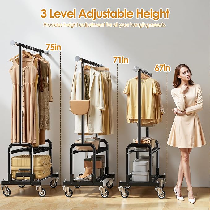 Luxspire Rolling Heavy Duty Clothes Rack with 2 Sturdy Shelves Load 600 LBS | Zinc-iron alloy frame, lockable silent wheels, adjustable extendable rods for bedroom and laundry room garment storage