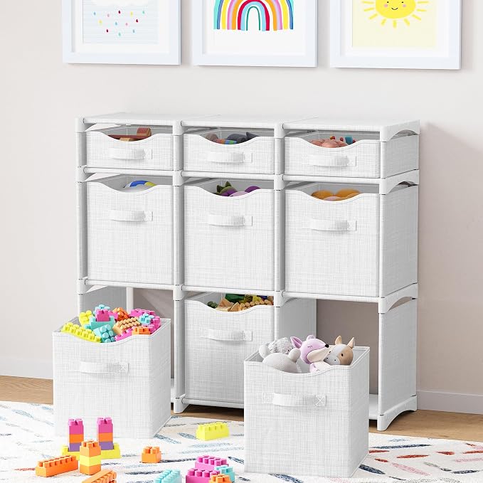 Cube Storage Organizer with Storage Bins Included - The Perfect Closet Organizers and Storage Solution. Includes 9 Storage Cubes, Great For Toy Storage, Closet Storage, Clothes Storage (White-Grey)