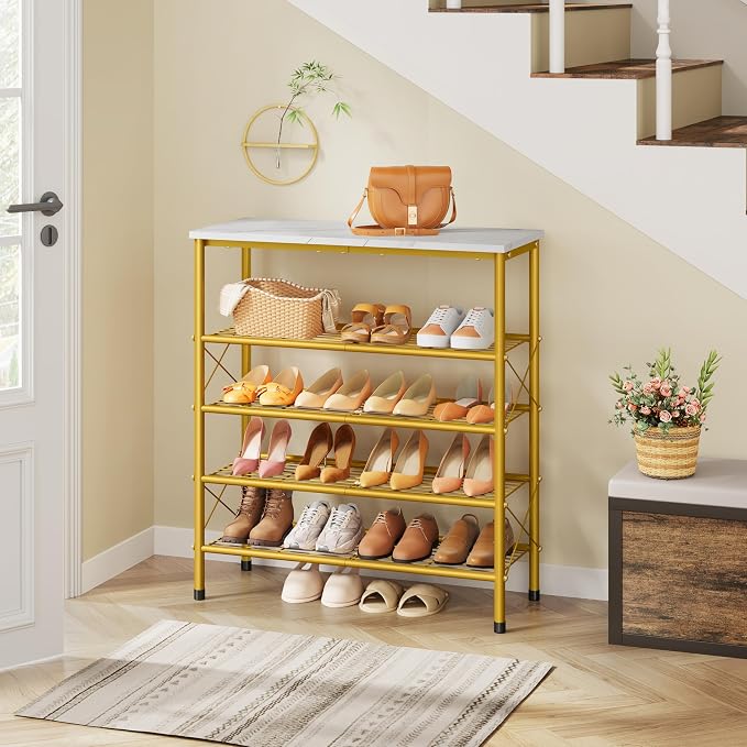 5 Tier Shoe Rack Organizer for 16-20 Pairs of Shoes, White & Gold | Sturdy & Durable, X Shape Fixed Frame, Metal Mesh Shoe Shelf, Industrial, For Closet, For Entryway Shoe Storage