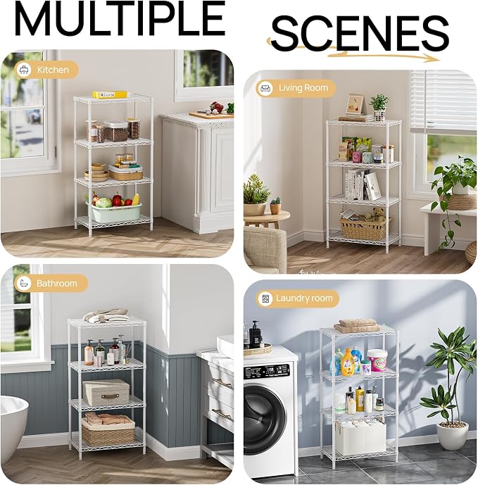 SINGAYE 4 Metal Shelves Wire Shelving Storage Shelf Adjustable Unit Pantry | 4 Tier Kitchen Laundry Room Organization Home Pantry Closet Bathroom Organizers Garage Rack 14" D x 24" W x 48" H White