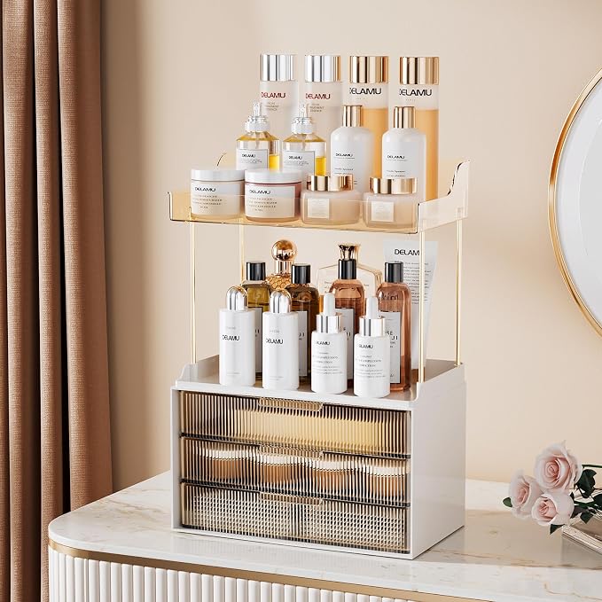 Delamu 5-Tier Makeup Organizer, Bathroom Counter Storage, 2 Drawers, Amber | Elegant Vanity Organizer Gift for Women, Holds Perfume, Skincare, Nail Polish & Hair Accessories for Bathroom Countertop