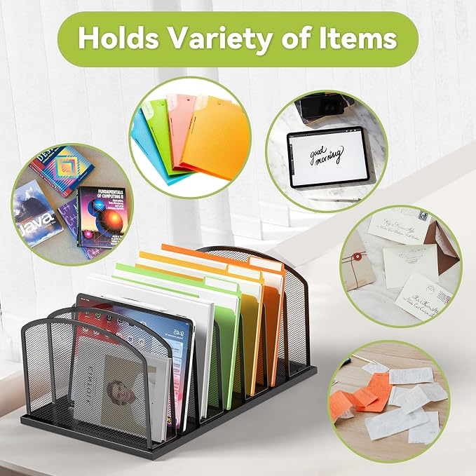 MINDEPOT Desk File Organizer 7 Sections Upright Mesh File Sorter Organizer for Desk, Office Organization File Holder for Home, Office & Classroom (Black, 2Pack)