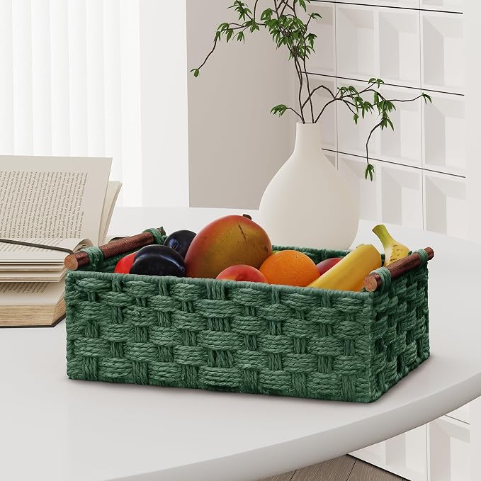 Vagusicc Wicker Storage Basket, Set of 2 Hand-Woven Paper Rope Wicker Basket for Organizing with Handle Decorative Storage Bins for Counter Pantry Shelves Toilet Paper Basket for Toilet Tank Top,Green