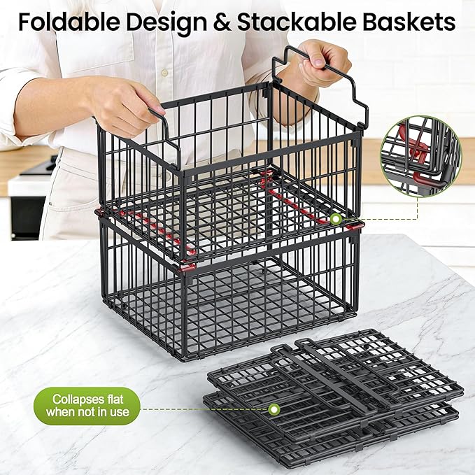 Freezer Organizer Bins, 6 Pack Enlarged Baskets for 5-9 Cu.FT Deep Freezer | Stackable Chest Freezer Organizer Bins, Foldable with Handles, Black Storage Container Baskets for Sort Frozen Meats