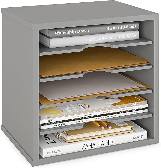 Ballucci 5-Tier File Organizer for Desk, Wooden Mail Sorter, Office Desk Organization, Paper Storage Organizers, Folder Holder for Desk, Letter Trays & Stacking Supports, Gray