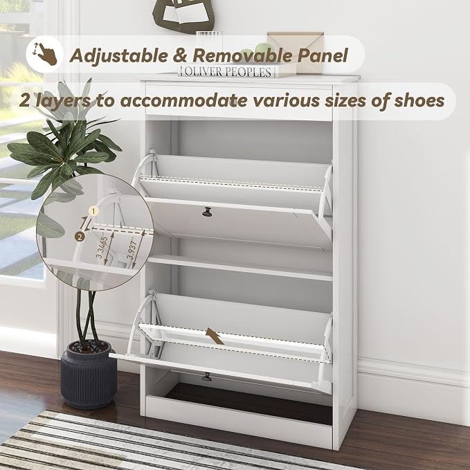 FTZxHKLX Shoe Cabinet with 2 Flip Drawers, Slim Shoe Storage Cabinet, White | Freestanding Hidden Shoe Organizer with Drawer, Pet-Proof Shoe Storage Organizer for Entryway Living Room Behind The Door