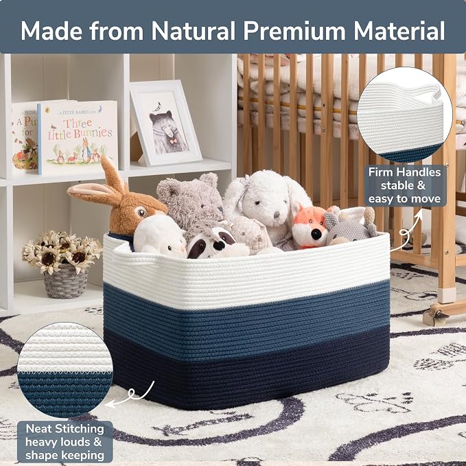 Goodpick Large Woven Rope Blanket Basket, Rectangle Storaget, Light Blue | 21.6 x 14.9 x 11.8 in, Reinforced Handles, Living Room, Bedroom & Nursery Organization, Toys, Books & Blanket Storage