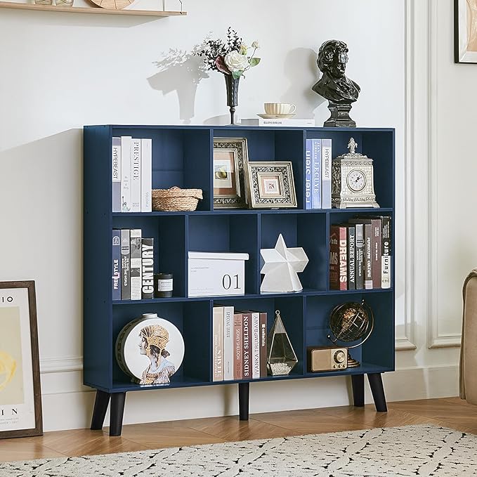 LEYAOYAO 10 Cube Bookshelf,Mid-Century Modern Bookcase with Legs,Dark Blue | 3 Tier Book Shelf,Rustic Wood Bookshelves Freestanding Large Storage Organizer, Open Shelves for Bedroom, Living Room, Office