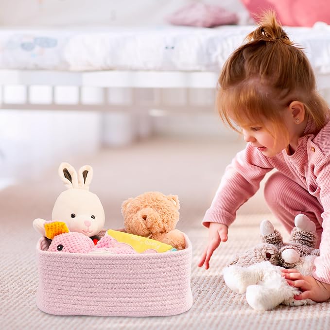XUANGUO Small Woven Storage Baskets for Shelves, 13" x 9" x 5", Pink | Decorative rope storage bins for closets and toy storage; cute organizer baskets, empty gift baskets and nursery storage.