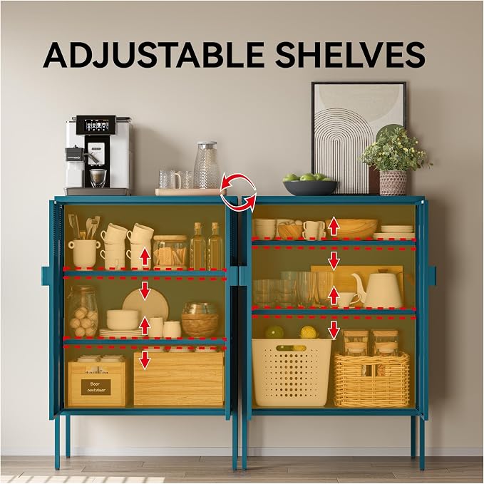 COFaR Peacock Blue Metal Cabinet, 47”H Modern Sideboard with Adjustable Shelves, Stylish Coffee Bar & Buffet Storage for Dining Room, Kitchen, Ventilated Metal Organizer with Magnetic Doors