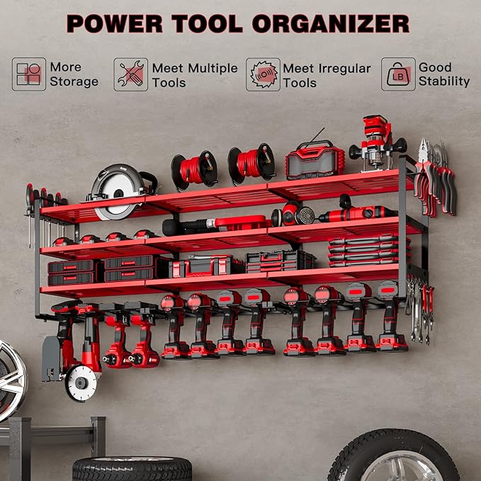 NattyDot Power Tool Organizer Wall Mount, 48-Inch 12 Drill Holders, Red | Extra-wide 48-inch Heavy-duty Wall Rack Stores 12 Cordless Drills and Assorted Tools, Maximizing Garage and Workshop Storage