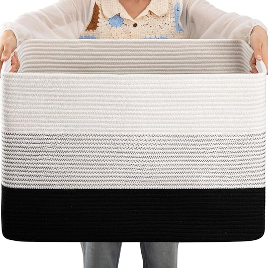 OIAHOMY 108L Large Cotton Rope Basket, Rectangle Woven Baskets for Storage, Nursery Blanket Storage Living Room, Toy Basket With Handle-25”x16”x16”-Gradient Black