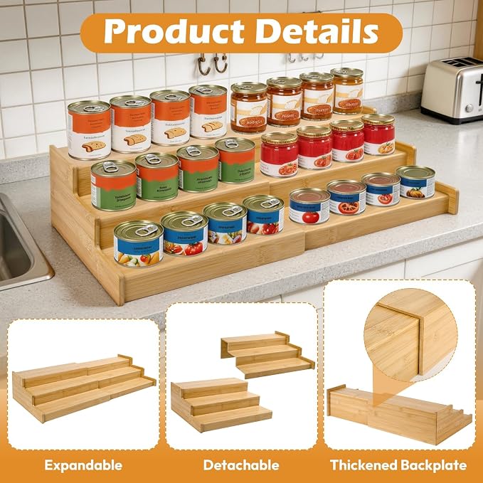 Artcochan 3 Tier Expandable Bamboo Can Rack Organizer for Pantry，Adjustable Pantry Organizers Holds Up to 24 Soda Cans,Canned Food Storage for Kitchen Cabinet Countertop
