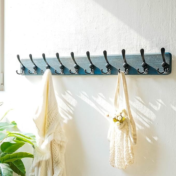 Coat Rack Wall - Heavy-Duty 38-1/4" Long, with Reinforced 10 Custom Tri-Hooks, Solid Wood Wall Hanger for Coats Hat Jackets - Rustic Farmhouse Entryway Hallway Storage, Weathered Blue & Black