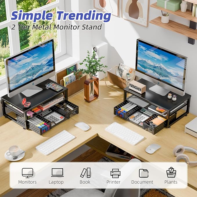 Simple Trending 2-Tier Monitor Stand Riser, Laptop & Printer Stand, Black | Metal Desk Organizer with Drawer, Desktop Organizer, Ergonomic Design, for Home Office, 16.34"W x 10.35"D x 3.5"H