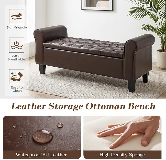 55" Storage Ottoman Bench for Living Room, End of Bed Bench with Rolled Arm Leather Ottoman with Storage Upholstered Entryway Bench Retro Style Footboard Bench for Bedroom, Brown
