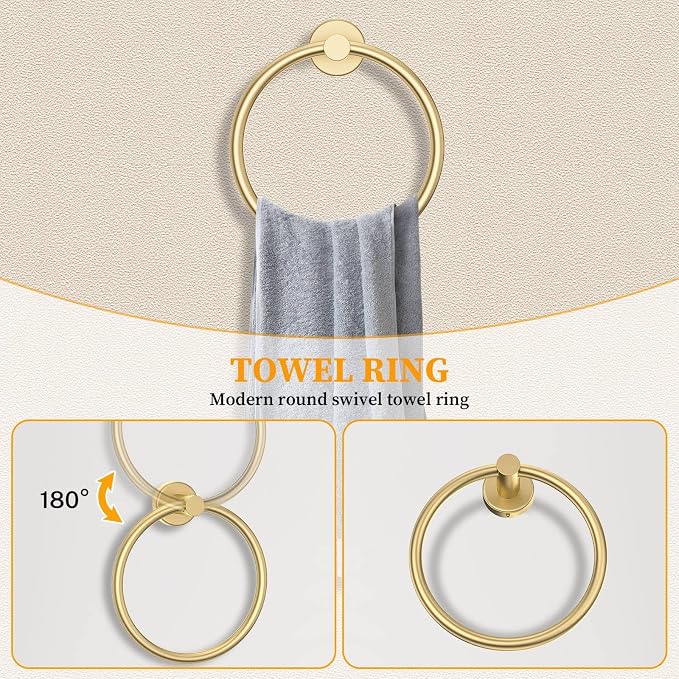Brushed Gold Towel Bar Set 5 Pieces Round Bathroom Hardware Set Includes 23.6in Towel Bar Towel Ring Toilet Paper Holder Towel Hooks Stainless Steel Wall-Mounted Bathroom Towel Holder Set