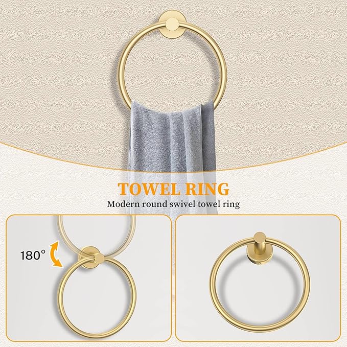 Brushed Gold Towel Bar Set 10 Pieces Round Bathroom Hardware Set Includes 23.6in Towel Bar Towel Ring Toilet Paper Holder Towel Hooks Stainless Steel Wall-Mounted Bathroom Towel Holder Set