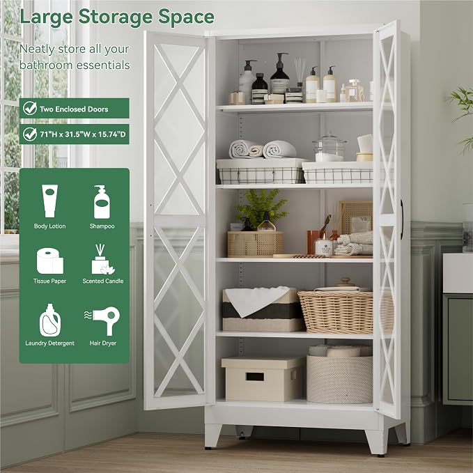 Bevivog 71" Tall Display Cabinet with Glass Doors, Farmhouse Metal Storage Glass Cabinet with 4 Adjustable Shelves, White Vintage Storage Cabinet for Collectibles,Curio, Books, Chinaware, Figures