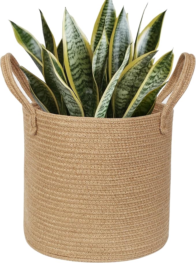 Round Wicker Basket with Handle, 12.5"x12.5" Woven Jute Rope Plant Basket for 11" Pot, Indoor Boho Tree Planter, Decorative Flower Pot Cover, Rustic Holder for Plants and Decor, Shoes Bin