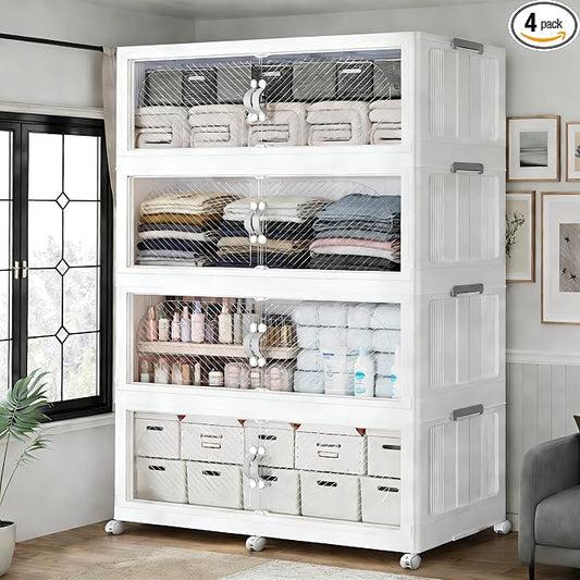 960QT Extra Large Stackable Storage Bins with Lid, 240Gal Plastic Closet Organizers and Storage Drawer, Collapsible Cabinet Box with Wheels Clear Doors for Home Kitchen Office, 4Pack White