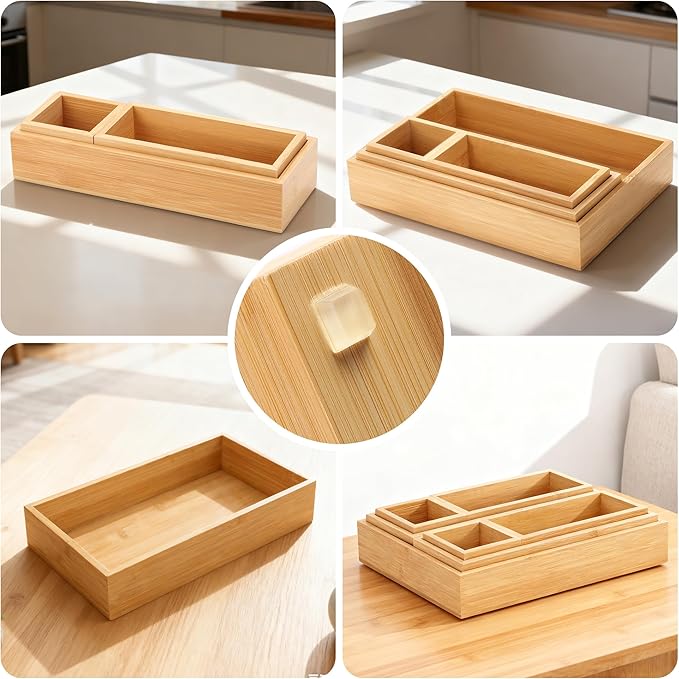 MapleGrace Bamboo Drawer Organizer Set, 14 PCS Wood Storage Organizers | Multi-Use Junk Drawer Divider, Storage Trays Containers for Kitchen, Bathroom, Office Desk, Makeup, Jewelry, Utensils