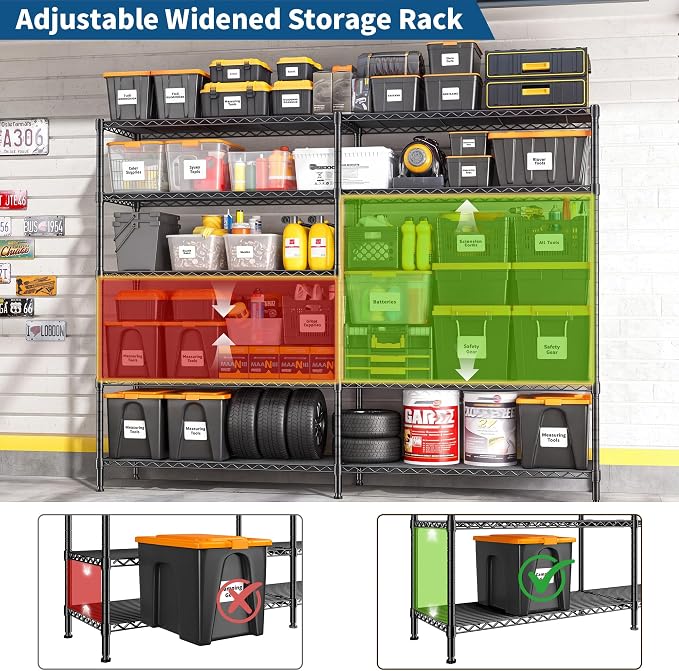 REIBII 70" W Storage Shelves, 1600LBS Heavy Duty & L/H Shaped, for Garage | 5-Tier Freestanding, Adjustable shelf, Powder Coated Moisture Resistant, Anti-Tipping Device, Leveling feet, for Kitchen