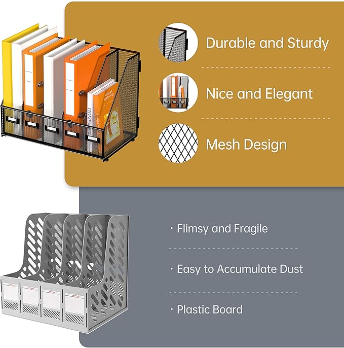 DALTACK 5-Slot Magazine File Holder, Metal Binder Holder, Black | Iron Mesh Construction, Labeled Sections for Easy Sorting, Anti-Slip Feet, Binder and Folder Storage for Office, Classroom