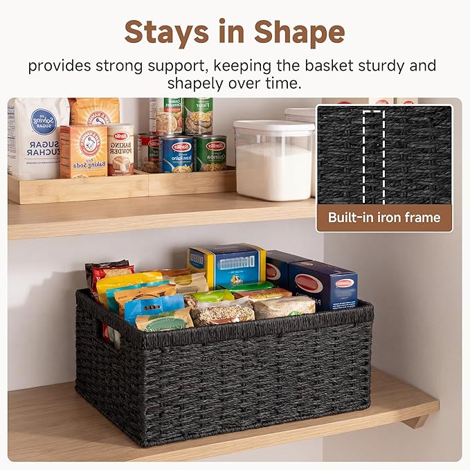 StorageWorks Wicker Storage Baskets for Organizing, Wicker Basket with Handles, Decorative Storage Baskets for Shelves, Black Paper Rope, 2 Pack