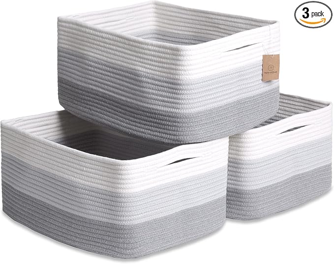 NaturalCozy Storage Baskets 16.8”x13”x7.6” Cotton Rope Woven Baskets for Organizing 3-Pack | Toy Storage Bins | Basket for Shelves, Laundry, Blanket, Clothes, Closet, Kitchen, Bathroom, Gifts