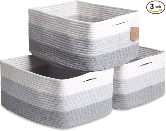 NaturalCozy Storage Baskets 16.8”x13”x7.6” Cotton Rope Woven Baskets for Organizing 3-Pack | Toy Storage Bins | Basket for Shelves, Laundry, Blanket, Clothes, Closet, Kitchen, Bathroom, Gifts